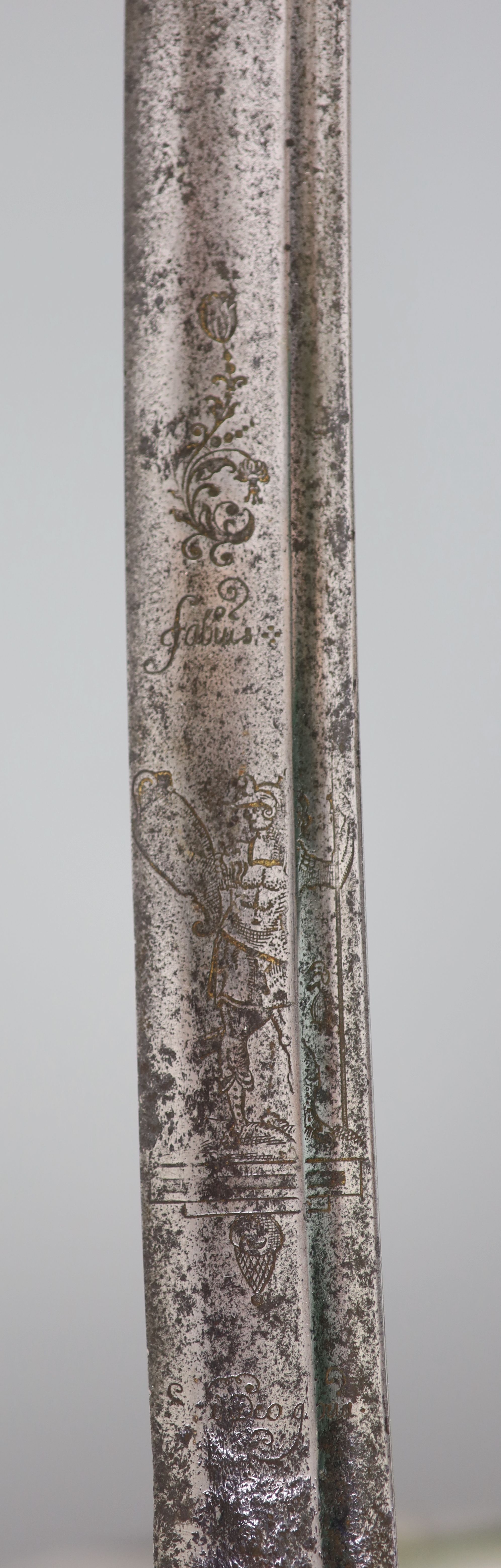 A late 17th century military hangar sword, length 34in.